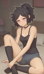 1female 1girls ai_generated ashley_graves bare_shoulders black_hair choker cleavage collarbone cute female jean_shorts looking_at_viewer pink_eyes ponytail shorts sitting small_breasts smile smiling socks solo solo_focus tank_top the_coffin_of_andy_and_leyley thighs