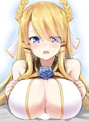 azur_lane bangs bare_shoulders blonde_hair blue_eyes blue_flower blush breasts cleavage cum cum_on_body cum_on_breasts cum_on_upper_body eyes_visible_through_hair female flower hair_ornament hair_over_one_eye large_breasts laurel_crown long_hair looking_at_viewer open_mouth paizuri shirazawa sketch solo swept_bangs upper_body veil victorious_(azur_lane)