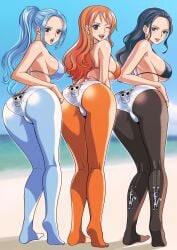 3girls :d :o ;d absurdres ass bikini black_bikini black_eyes black_hair blue_bikini blue_eyes blue_hair blue_pantyhose blue_sky day forehead from_behind highres long_hair multiple_girls nami_(one_piece) nefertari_vivi nico_robin one_eye_closed one_piece open_mouth orange_bikini orange_eyes orange_hair orange_pantyhose outdoors panties pantyhose ponytail print_panties second-party_source skull_print sky smile standing swimsuit teeth tongue underwear upper_teeth_only white_panties youkan_(tako)