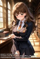 ai_generated brown_eyes brown_hair hermione_granger jacket medium_breasts shy skirt tie uniform wavy_hair