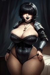 ai_generated armor bangs bangs_over_eyes black_hair bustier busty chubby corset fishnets goth goth_girl hair_over_eyes huge_ass huge_breasts josie_(euclidbeing) leather_clothing massive_breasts massive_thighs one_piece_suit original_character short_hair squeezing squeezing_breast thick_thighs