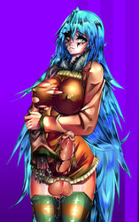 1futa aqua_hair character_request erect_nipples erection futa_only futanari hair heterochromia intersex large_penis long_hair penis precum signhereplease solo standing testicles thighhighs torn_clothes