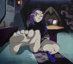 1girls barefoot blue_hair blush cartoon_network dc_comics donkadon feet female foot_fetish grey_skin one_eye_closed pubic_hair pussy pussy_juice rachel_roth raven_(dc) solo teen_titans wink