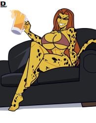 1girls barbara_ann_minerva barefoot beer beer_glass beer_mug big_breasts breasts cheetah_(dc) cheetah_humanoid cleavage couch dc dc_comics deemlyart feet female female_only huge_breasts massive_breasts mug orange_eyes redhead redhead_female sitting solo solo_female wonder_woman_(series)