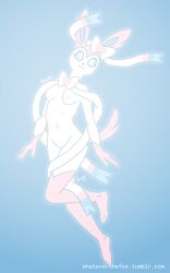 5:8 absurd_res anthro anthrofied breasts clothing eeveelution ellen_(whateverthefox) female generation_6_pokemon gloves glowing handwear hi_res legwear looking_at_viewer nintendo nipples pokemon pokemon_(species) pokemorph pose ribbons solo sylveon thigh_highs whateverthefox