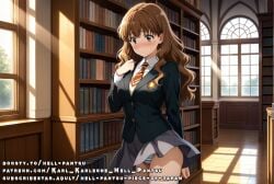 1girls ai_generated blush brown_eyes brown_hair clothed female harry_potter hermione_granger jacket long_hair medium_breasts panties shy skirt solo tagme tie uniform wavy_hair