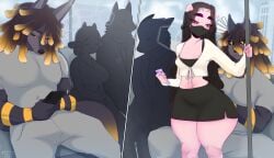 1boy 1girls 2022 absurd_res anthro asyr_(notravi) black_body black_eyes black_hair black_sclera canid canine dreadlocks female jackal long_hair looking_at_phone male mouth_mask nada_(nadacheruu) nadacheruulewd phone pink_body small_breasts subway suina sus_(pig) thick_eyebrows thick_thighs wide_hips yellow_eyes yellow_highlights