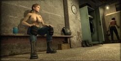 2girls 3d areola areolae bare_breasts big_breasts boots breasts brown_hair citizen citizen_(half-life_2) citizen_(half-life_series) clock combat_boots female female_only half-life half-life_(series) half-life_2 highres huge_breasts human jeans looking_away moyachnik nipples pants rebel rebel_(half-life_2) sitting source_filmmaker topless topless_female valve