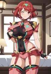 1girls accurate_art_style alluring androidparanoid big_breasts clothed core_crystal fondling_own_breast heroine milf nintendo pin_up pyra red_hair short_hair xenoblade_(series) xenoblade_chronicles_2