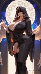 1futa absurd_res ai_generated althaean angel_wings big_ass black_robe brown_hair cleavage cleavage_overflow cosmic_background feathered_wings futanari galaxy hair_over_shoulder hidden_eyes holy hooded_robe huge_breasts large_penis large_testicles long_braid low-angle_view magic magic_circle magic_user original_character pinup robe_only shadowed_eyes sigil single_braid smiling stars tagme thaeia_(althaean) thick_thighs tight_clothing voluptuous voluptuous_futanari wide_hips