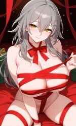 ai_generated bare_thighs big_breast female grey_hair hair_between_eyes honkai:_star_rail honkai_(series) long_hair looking_at_viewer mature_female naked naked_ribbo red_ribbon seductive_smile solo stelle_(honkai:_star_rail) yellow_eyes