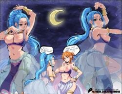 2girls blue_hair breasts breasts_out cleavage dress female female_only flashing large_breasts lewdamone nami_(one_piece) nefertari_vivi nipples one_piece orange_hair presenting presenting_breasts shiny_skin smile