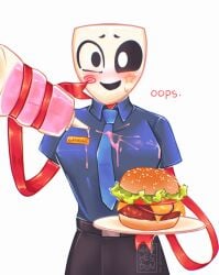 fast_food fast_food_uniform fluid_on_breasts gangle_(the_amazing_digital_circus) manager_gangle nervous_smile non_human ribbons sauce_that_makes_you_stupid squeezing suggestive suggestive_fluid the_amazing_digital_circus