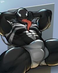 1boy 2024 alien alien_humanoid ass balls_outline barazoku biceps big_muscles black_border body_control border bulge detailed_bulge eliolovicos front_view genital_outline hands_behind_head hi_res huge_muscles humanoid long_tongue looking_at_viewer lying male male_only markings marvel marvel_comics muscular muscular_humanoid muscular_male nude obliques on_back open_mouth open_smile pecs seductive sharp_teeth simple_background smile solo spider-man_(series) spread_legs spreading symbiote teeth thick_arms thick_thighs tongue tongue_out triceps vein venom_(marvel) yaoi