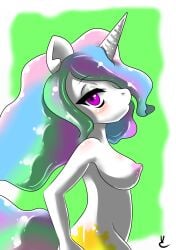 2015 anthro anthrofied big_breasts breasts cutie_mark equid equine female friendship_is_magic hair hasbro hi_res horn long_ears long_hair looking_at_viewer mammal multicolored_hair my_little_pony mythological_creature mythological_equine mythology nipples nude princess_celestia_(mlp) simple_background solo unicorn virate-chip