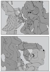 2girls boom_(pixiv_17287082) clothes_lift clothes_pull dress dress_lift fingerless_gloves futa_with_futa futanari gloves highres inkling large_penis long_hair looking_at_penis marina_(splatoon) monochrome multiple_girls octoling pearl_(splatoon) penis penis_awe penis_on_head presenting_penis shorts shorts_pull small_penis splatoon_(series) splatoon_2 tentacle_hair