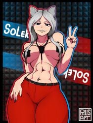 animal_ears big_breasts blue_eyes cat_ears cat_girl censored censored_nipples curvy english_text grey_body grin huge_breasts large_breasts light-skinned_female light_skin long_hair looking_at_viewer pants smile solek solek_x solga solo solo_anthro solo_female solo_focus text v_sign very_long_hair youtube