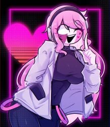 big_breasts friday_night_funkin friday_night_funkin_mod headphone heart hoodie huge_breasts long_hair navel pink_hair pink_skin sarvente_(dokki.doodlez) smile suit thighs white_eyes yume0534