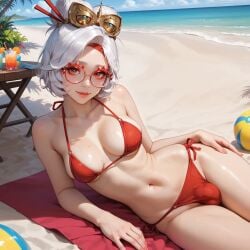 ai_generated beach beach_background beach_towel blindparty civitai futanari glasses purah red_eyes tagme white_hair