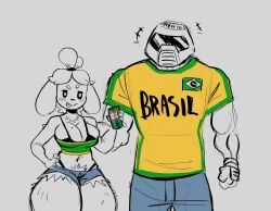 00ketsui 1boy 1female 1girls 1male 2d 2d_(artwork) 2d_artwork animal_crossing anthro big_breasts blush brazil brazilian brazilian_female breasts doom doom_slayer_(doom) female furry grey_background huge_breasts huge_thighs isabelle_(animal_crossing) meme muscular muscular_male no_sex simple_background tagme thick_legs thick_thighs thighs