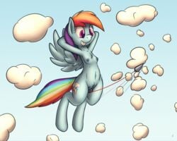 2015 anthro anthrofied blue_fur breasts cloud cone cutie_mark equine female flying friendship_is_magic fur hair insertion mammal multicolored_hair my_little_pony navel nipples nude outside pegasus penetration purple_eyes pussy rainbow_dash_(mlp) rainbow_hair sky smile solo straight_hair teeth tg-0 thread tuft vaginal_insertion vaginal_penetration weapon wings