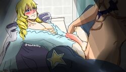 2boys bartolomeo blue_eyes blush cavendish crying femboy huge_thighs long_hair male male_only muscles one_piece rosy_fun star thighs yellow_hair