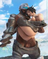 1boy 1girls 3d apex_legends black_hair blender blender_(software) blender_eevee cum cum_in_pussy dark-skinned_male dzooworks happy highres horizon_(apex_legends) large_breasts large_penis larger_male newcastle_(apex_legends) nude pale-skinned_female petite public respawn_entertainment short_hair size_difference slim_waist small_breasts sound thick_thighs vaginal_penetration video_games watermark