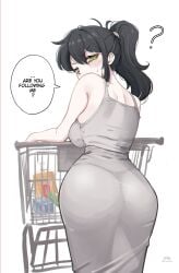 1girls 2025 ass ass_focus ass_visible_through_clothes black_hair blush female female_ female_only highres light-skinned_female light_skin looking_at_viewer looking_back milf pale_skin ponytail question_mark renee_graves shopping_cart solo the_coffin_of_andy_and_leyley thong vaniste white_background yellow_eyes