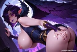 ai_generated ass ass_grab balecxi bent_over breasts breasts_out dress feathered_wings female grabbing_own_ass hand_on_own_ass league_of_legends looking_at_viewer morgana nipples panties pointy_ears purple_eyes purple_hair purple_lips purple_nails short_hair solo