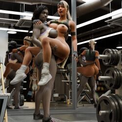 3d 3girls athletic_female big_ass big_breasts blonde_hair brown_hair cassie_cage caught caught_in_the_act chocolate_and_vanilla dark-skinned_female dripping dripping_pussy gym interracial jacqui_briggs light-skinned_female mirror mirror_reflection mortal_kombat mother_and_daughter partially_clothed public_sex sonya_blade stand_and_carry_position standing standing_sex strap-on surprised surprised_expression tshask vaginal_penetration vaginal_sex yuri