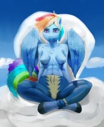 anthro breasts clothing equid equine female friendship_is_magic hasbro hi_res horse looking_at_viewer mammal my_little_pony nick_lynx nipples rainbow_dash_(mlp) simple_background sitting skinsuit solo tight_clothing wings wonderbolts_uniform zebrov