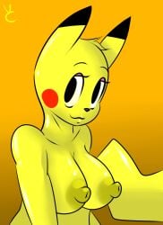 2014 alternate_species anthro breasts female fur generation_1_pokemon humanoid humanoidized long_ears mammal nintendo nipples nude pikachu pokemon pokemon_(species) pokemorph rodent smile solo virate-chip yellow_body yellow_fur