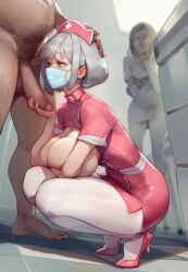 1boy 2girls ai_generated blonde_hair blue_eyes breasts_out fat_man glasses grey_hair head_grab heels hospital huge_breasts huge_cock mask naked_male nurse nurse_cap nurse_uniform penis_hold penis_out short_hair tights