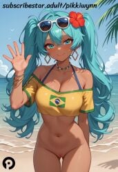 ahoge ai_generated aqua_eyes aqua_hair arm_behind_back ass_visible_through_thighs bangs bare_shoulders beach beads bikini blue_sky blush bottomless bracelet brazilian_miku breasts cleavage cleft_of_venus closed_mouth cloud collarbone cowboy_shot crop_top crop_top_overhang cropped_shirt dark-skinned_female day earrings eyewear_on_head female flower hair_between_eyes hair_flower hair_ornament halterneck hand_up hatsune_miku hibiscus jewelry large_breasts long_hair looking_at_viewer medium_breasts navel necklace ocean off-shoulder_shirt off_shoulder outdoors pikkiwynn pussy shirt short_sleeves sky smile solo standing stomach sunglasses swimsuit thigh_gap twintails uncensored very_long_hair vocaloid water waving yellow_shirt