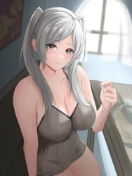 1girls absurd_res bare_shoulders big_breasts blush brown_eyes cleavage commentary_request fire_emblem fire_emblem_awakening grey_shirt high_res indoors long_hair looking_at_viewer nintendo parted_lips peli_cantaro robin_(fire_emblem) robin_(fire_emblem)_(female) shirt sleeveless sleeveless_shirt sunlight swept_bangs table twintails white_hair window