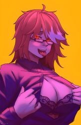 1girls big_breasts blush blush_lines blushing bra breasts brown_hair brunette_hair curvy female female_focus female_human female_only glasses horny horny_female huge_breasts lancer_hard lanserina large_breasts light-skinned_female light_skin looking_at_viewer red_eyes shirt shirt_open showing_breasts tongue tongue_out yellow_background