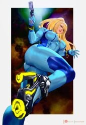 1girls angry ass ass_focus blonde_hair flying large_ass large_breasts lejeanx3 looking_at_viewer looking_down metroid samus_aran space strong_woman thick_thighs thighs viewed_from_below weapon