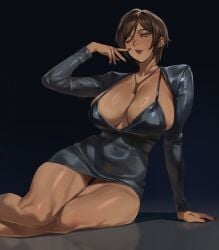 belly_button_visible_through_clothing belly_overhang big_breasts brown_hair brown_skinned_female fupa juicy_lips limbus_company outis_(limbus_company) outis_(project_moon) project_moon sexy_pose short_hair skimpy_dress taiyang_yu thick_thighs wide_hips