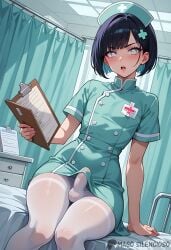 ai_generated black_hair bob_cut cute erection_under_clothes erection_under_pantyhose femboy flat_chest magosilencioso nurse original_character otoko_no_ko pantyhose sissy testicles_covered trap white_eyes