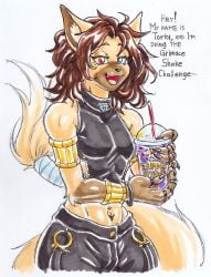 anthro armlet beverage brown_hair canid canine canis clothing crop_top dialogue grimace_shake hair heterochromia hi_res holding_beverage holding_object male mammal mcdonald's meme navel shirt slim solo the_fedor_corpse topwear wolf wristlet