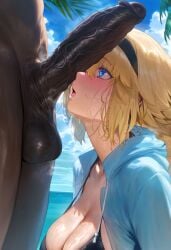 ai_generated beach big_breasts big_penis blonde_hair dark-skinned_male fate/apocrypha fate/grand_order fate_(series) jeanne_d'arc_(fate) mikayori veiny_penis