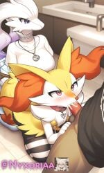 2girls ai_generated artist_name bathroom bathroom_sex blowjob braixen breasts cum cum_in_mouth furry necklace nyxoria oral_sex penis pokemon pokemon_(species) pokephilia reshiram sucking_penis yiff