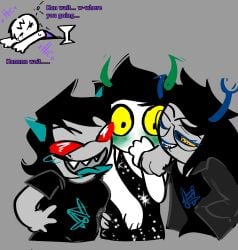 4girls alien alien_humanoid before_sex black_hair black_hair_female blush cheating clothed clothed_female colored_skin cuck cucking cuckold dialogue fangs female female_focus female_only grey_skin grey_skin homestuck homestuck_troll horn horns humanoid humanoid_alien kanaya_maryam long_hair long_hair_female netorare ntr rose_lalonde terezi_pyrope text tongue_out troll vampire vriska_serket