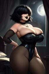 ai_generated arms_behind_back bangs bangs_over_eyes black_hair chubby fishnets goth goth_girl hair_over_eyes huge_ass huge_breasts josie_(euclidbeing) massive_breasts massive_thighs nipple_bulge one_piece_suit original_character short_hair smiling squeezing squeezing_breast stockings thick_thighs tight_clothing