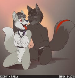 5_fingers anthro black_fur black_hair canine closed_eyes collar curled_paws duo fox fringe fur furry grey_fur hair heterochromia kneeling leash male mammal nude pet sheath shiuk smile tattoo underwear white_fur wolf yaoi