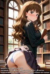 ai_generated ass brown_eyes brown_hair hermione_granger jacket medium_breasts panties shy skirt tie uniform wavy_hair