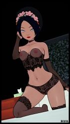 avatar_the_last_airbender black_hair breakwater_ridge female green_eyes lingerie lipstick petite shortstack stockings toph_bei_fong