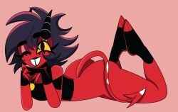 1female 1females 1girls ass big_ass big_butt black_eyes black_hair black_lipstick bottom_heavy bottomless demon demon_girl demon_horns demon_tail female helluva_boss imp imp_female imp_horns imp_tail laying_on_stomach mildred_(helluva_boss) mildred_knolastname millie_(helluva_boss) millie_knolastname pink_background procreate procreate_(medium) procreate_(software) red_body red_skin short_hair sunset_synth vivienne_medrano vivziepop wide_hips winking yellow_sclera