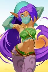 1girls bare_shoulders blue_eyes breasts cleavage collarbone dark-skinned_female dark_skin female female_only genie highres long_hair looking_at_viewer nintendo paid_reward_available patreon_username pointy_ears purple_hair revenantart shantae shantae_(character) signature simple_background solo standing very_long_hair