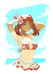 1girls ariekochan arms_behind_head beach bikini blue_eyes blue_sky breasts closed_mouth cloud collarbone commentary english_commentary female highres large_breasts looking_at_viewer may_(pokemon) medium_hair nintendo outdoors pokemon pokemon_rse red_bikini sky smile solo standing swimsuit tan tanline